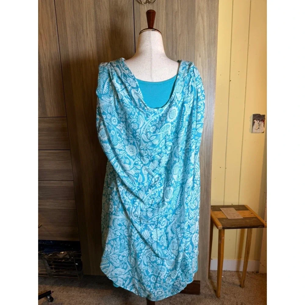 420. 2 Piece Set Dress and Kimono Teal Floral Bird Print XL Sleeveless V-Neck